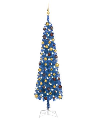 Vidaxl Úzky vianočný stromček s LED a sadou gulí modrý 180 cm