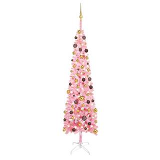 Vidaxl Úzky vianočný stromček s LED a sadou gulí ružový 240 cm