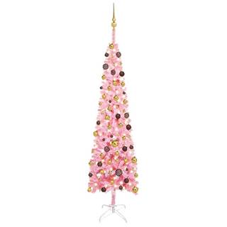 Vidaxl Úzky vianočný stromček s LED a sadou gulí ružový 210 cm