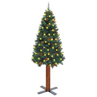 Vidaxl Úzky vianočný stromček s LED,  drevom a šiškami zelený 210 cm