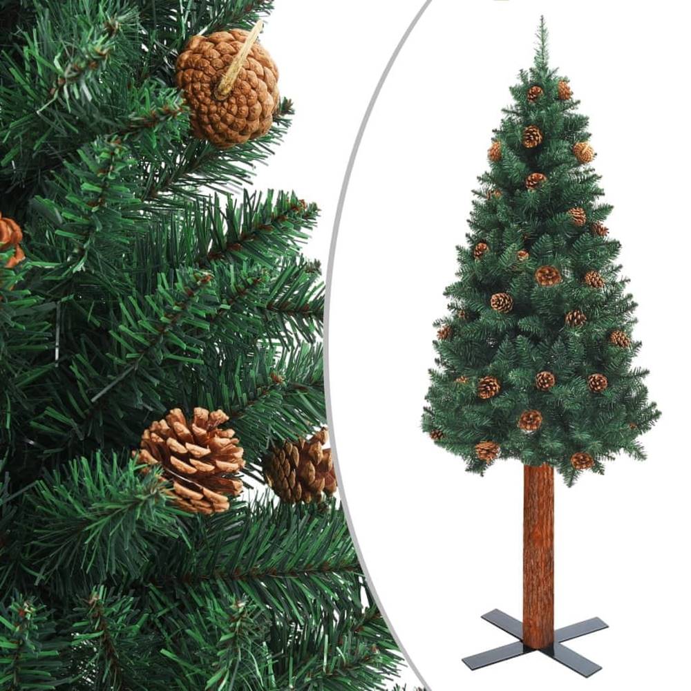 Vidaxl  Úzky vianočný stromček s pravým drevom a šiškami zelený 150 cm PVC značky Vidaxl