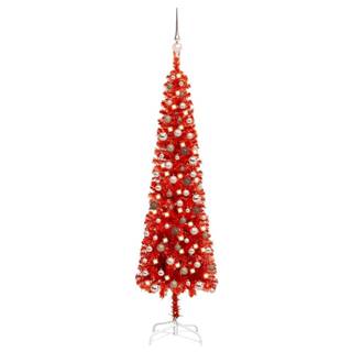 Vidaxl Úzky vianočný stromček s LED a sadou gulí červený 180 cm