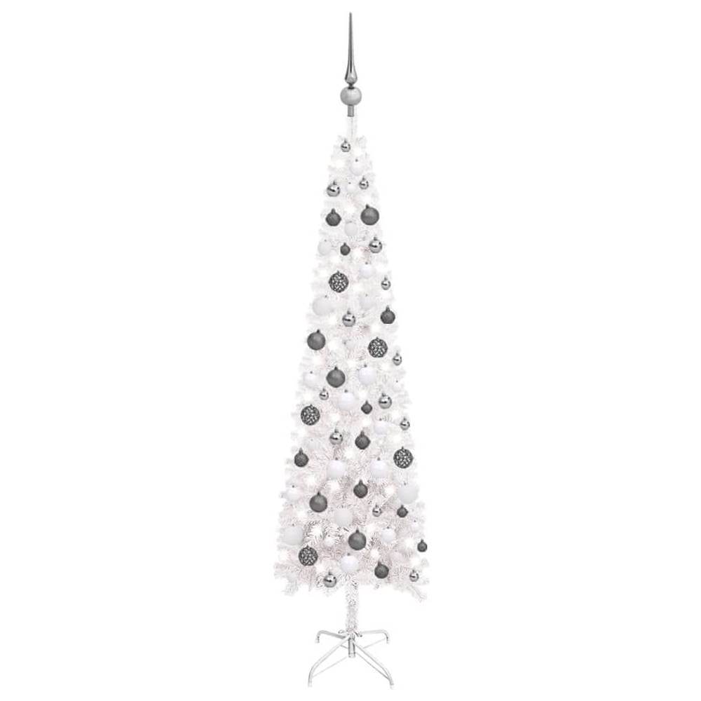 Vidaxl  Úzky vianočný stromček s LED a sadou gulí biely 150 cm značky Vidaxl