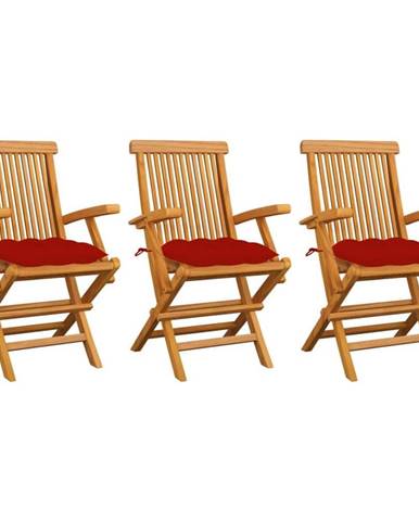 Vidaxl Záhradné stoličky s červenými podložkami 3 ks tíkový masív